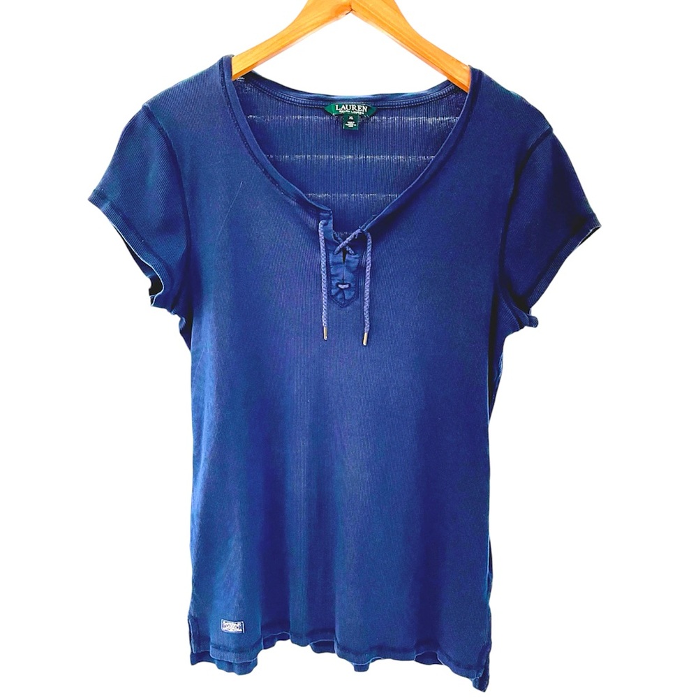 Lauren Ralph Lauren Asante Rugby Top Size XL Blue Lace-Up Tie Ribbed Tee V-neck